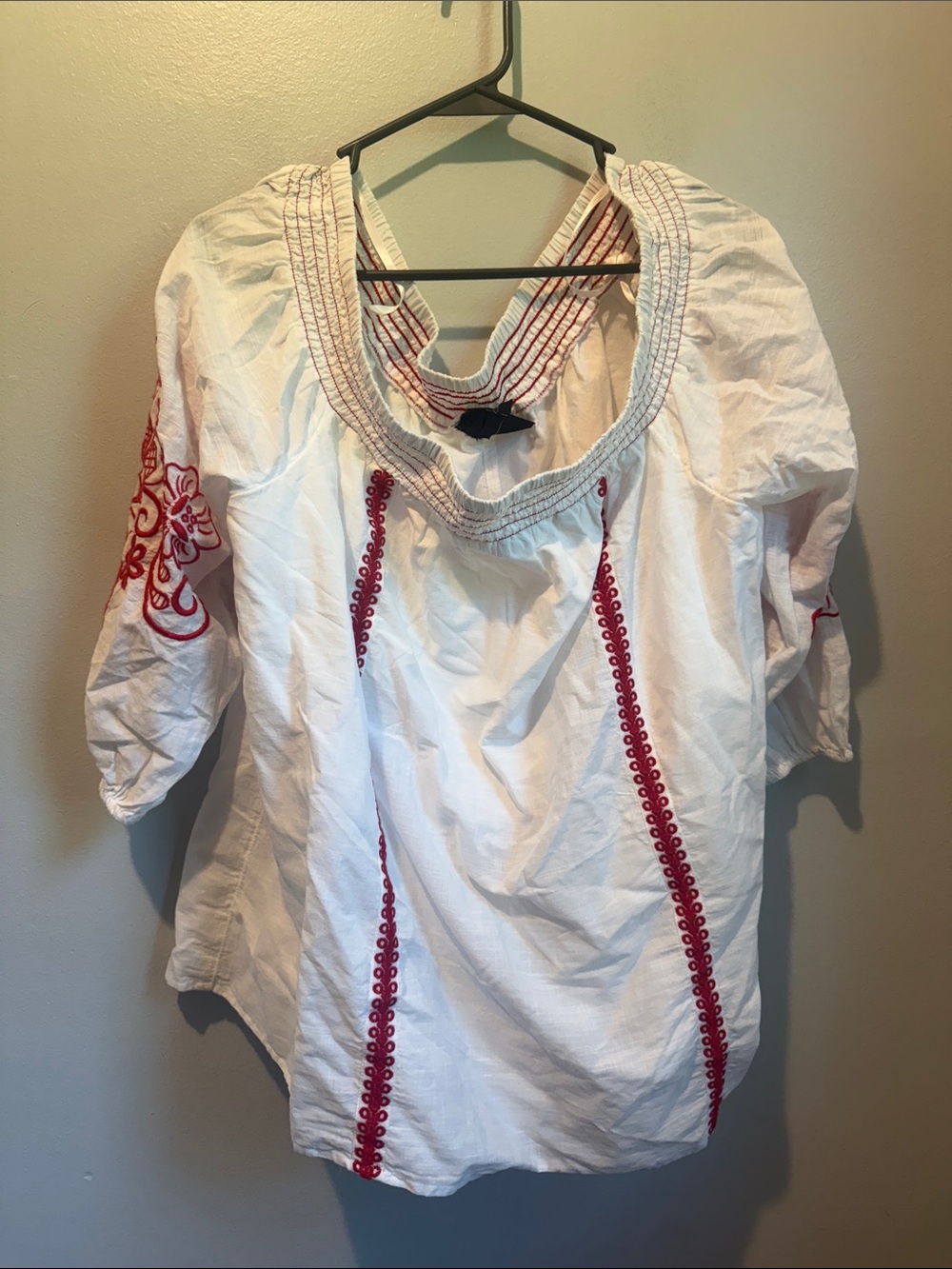 Lane Bryant 18 20 White Peasant Blouse with Red Embroidery - Picture 5 of 7